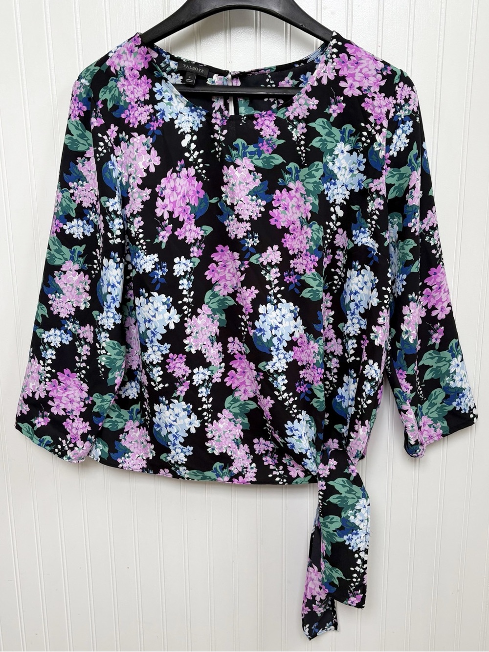 Talbots Black & Purple Floral Side Tie Blouse 3/4 Sleeve Women’s Large
